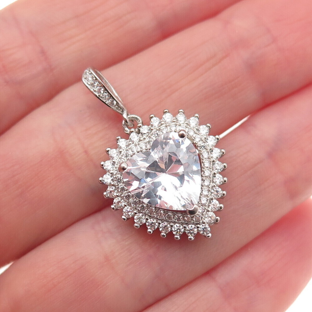 925 Sterling Silver Heart & Round-Cut C Z Charm Pendant